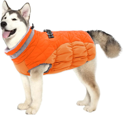 Lelepet dog winter coat blaze orange front view with harness