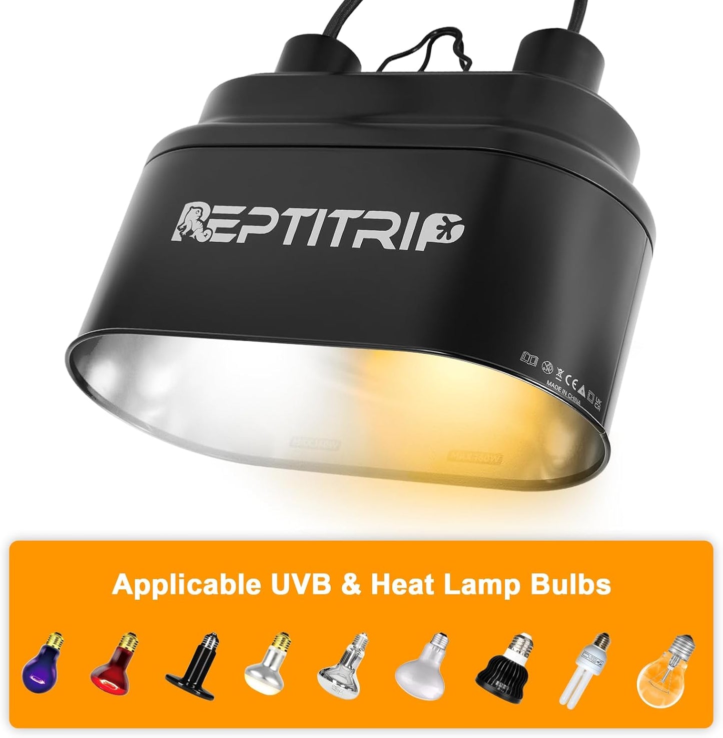 REPTITRIP dual heat lamp fixture showcasing top ventilation holes and integrated hanging hook overhead installation