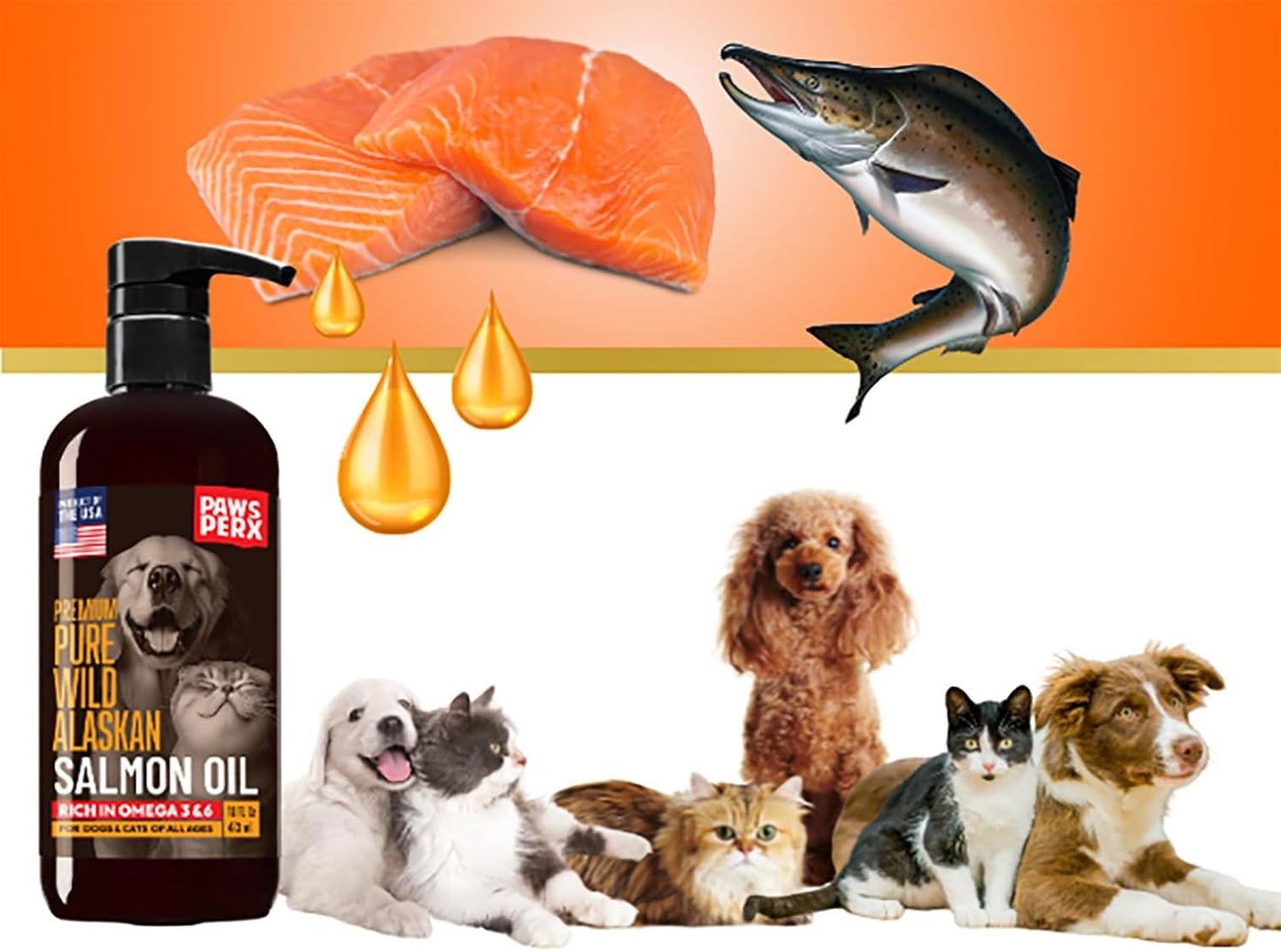 Paws PerX Alaskan salmon oil bottle alongside healthy pet showing shiny coat results