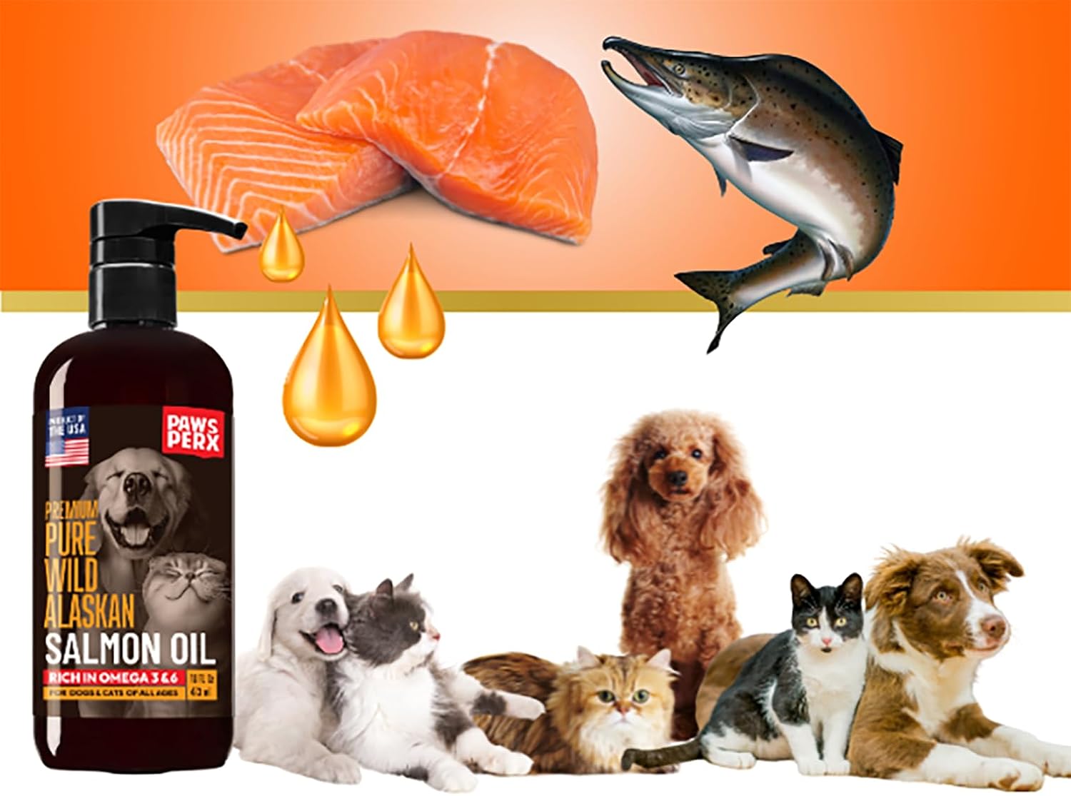Paws PerX Alaskan salmon oil bottle alongside healthy pet showing shiny coat results