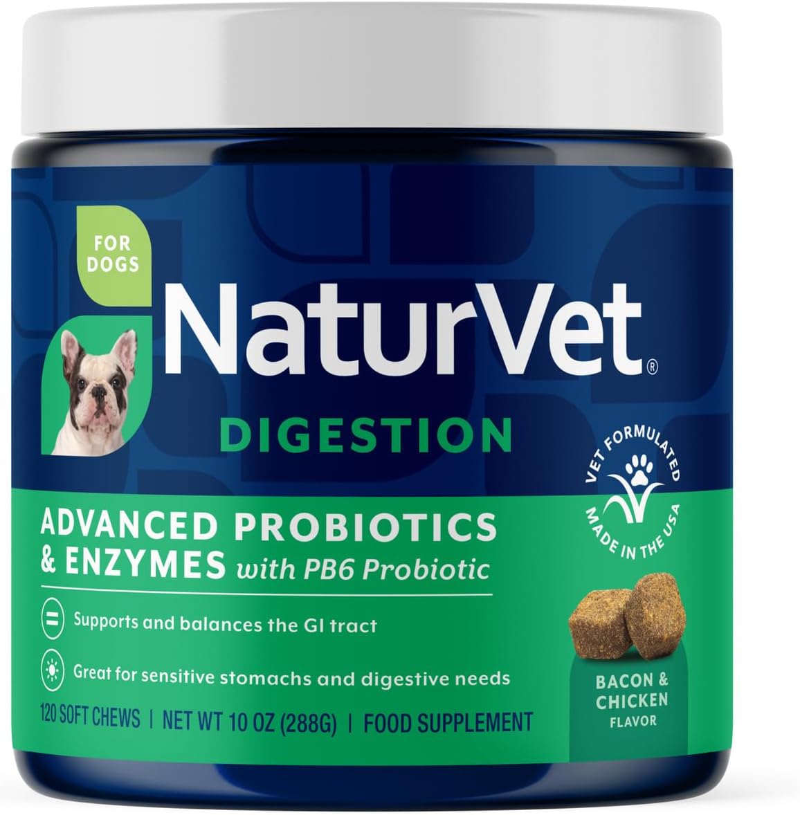 NaturVet Advanced Probiotics and Enzymes dog supplement jar front view for canine digestive health