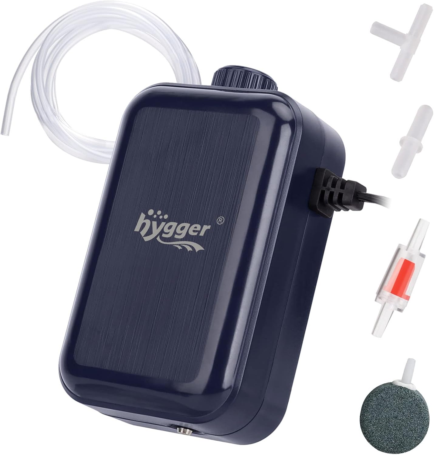 Hygger aquarium air pump front view with blue finish
