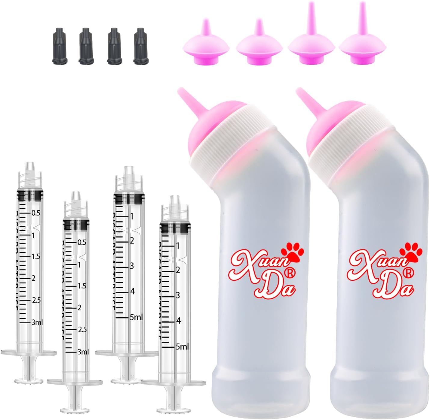FJNATINH Xuanda kitten nursing nipple and syringe kit front view showing the pink medium nipple and angled bottle.
