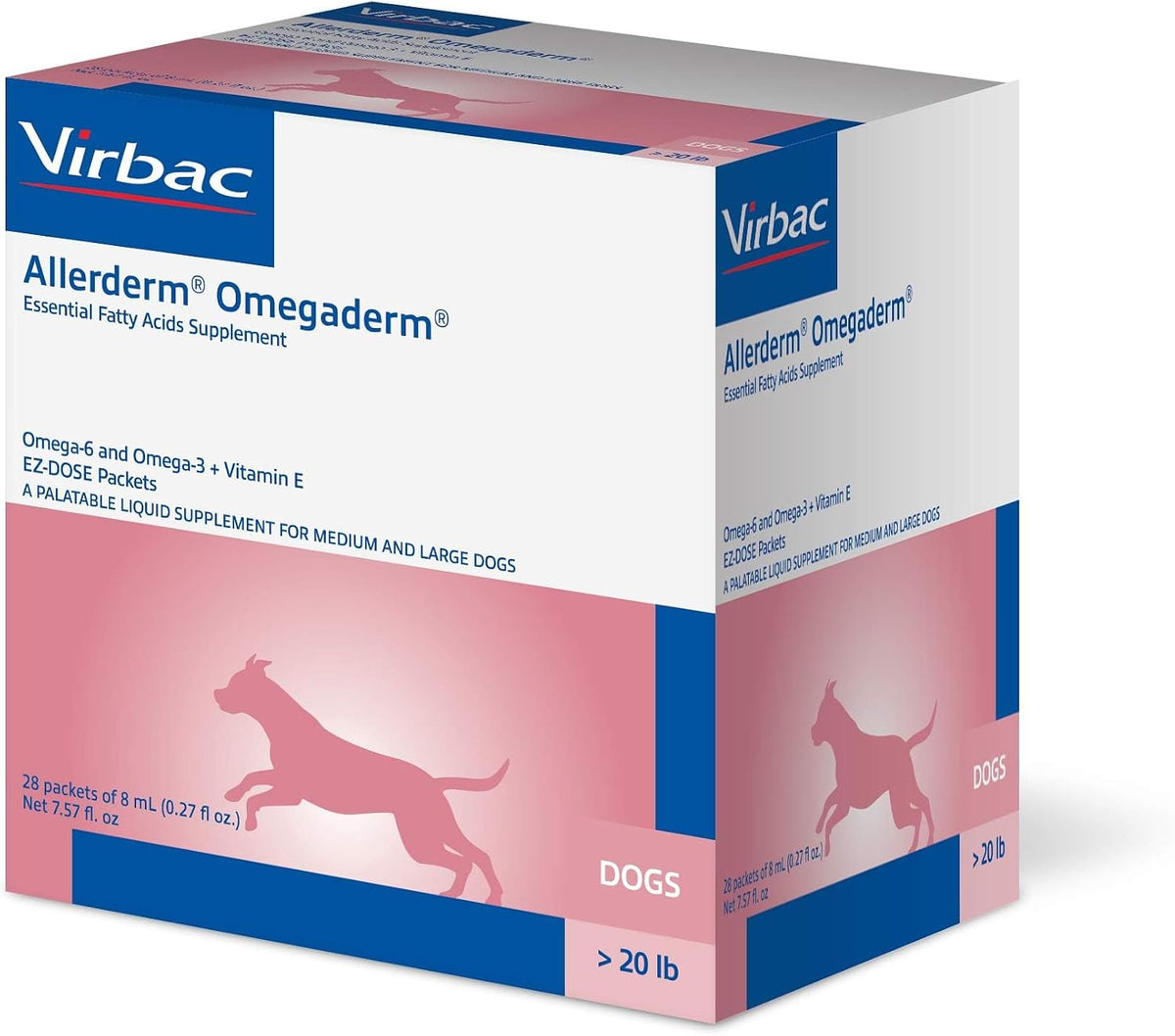 Close up of Virbac Allerderm Omegaderm liquid packets rich in Omega-3 and Omega-6 fatty acids for canine skin health.