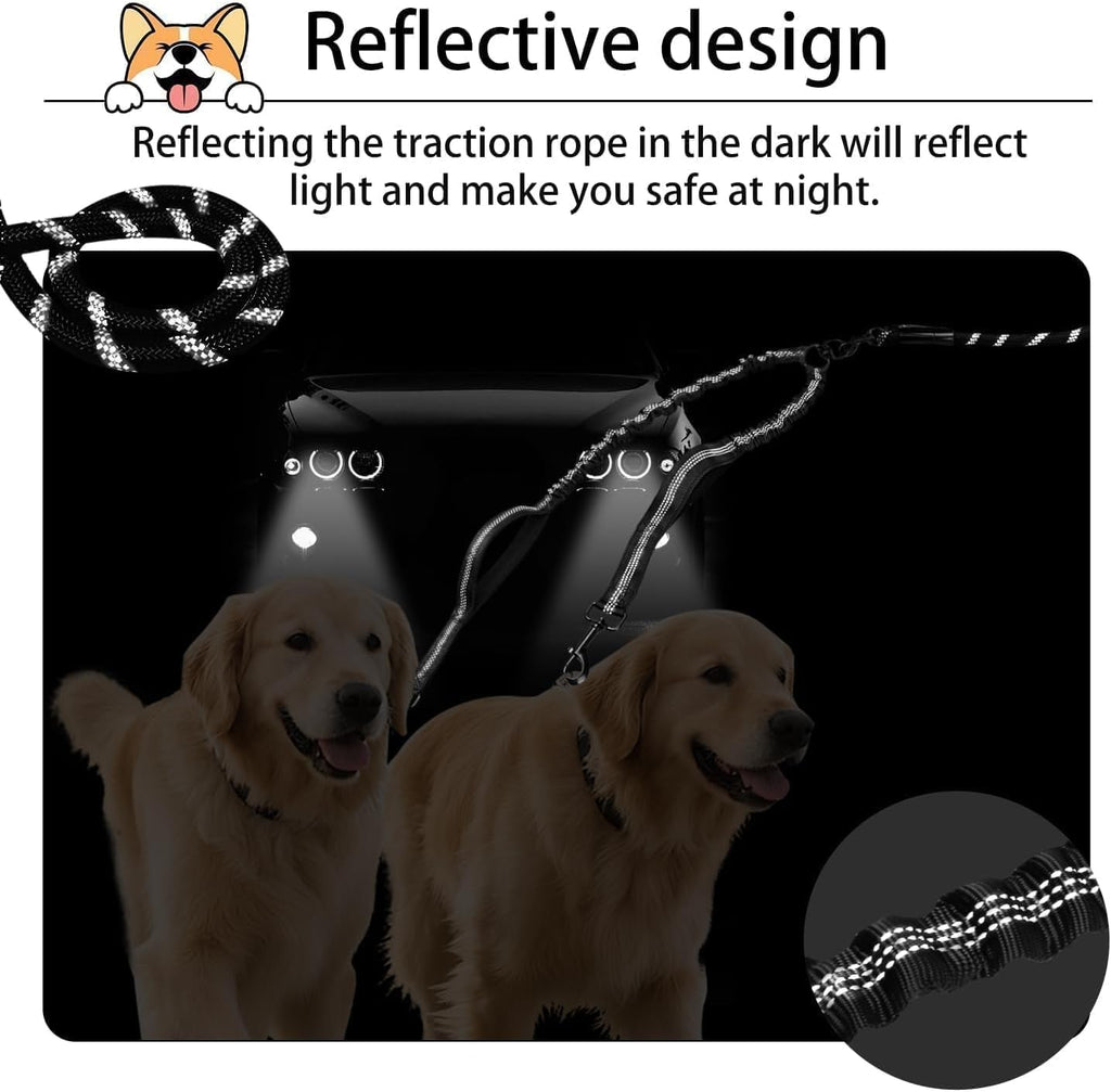 Premium dual dog leash attached to heavy duty metal snap hooks