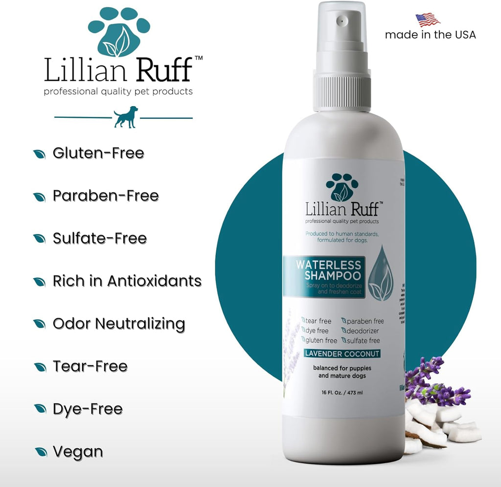 Close up of Lillian Ruff waterless shampoo spray nozzle and brush