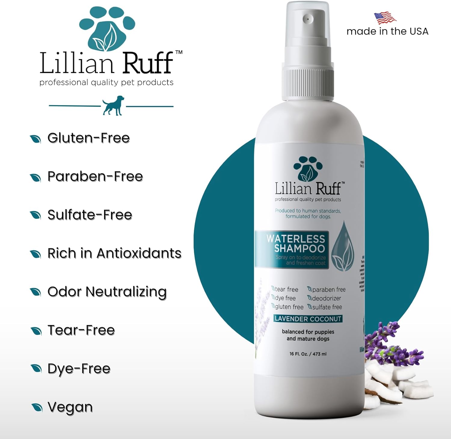 Close up of Lillian Ruff waterless shampoo spray nozzle and brush