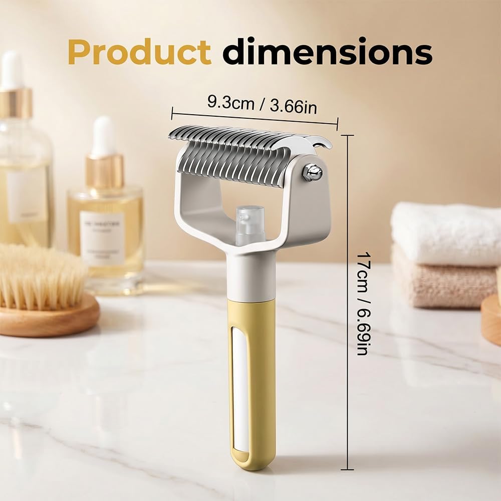 Blue pet grooming comb package contents showing the 2 in 1 spray and deshedding rake.