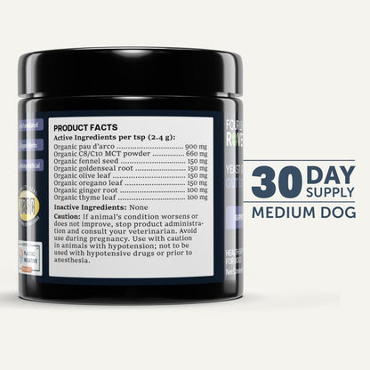 Thirty day supply container of organic anti fungal dog powder