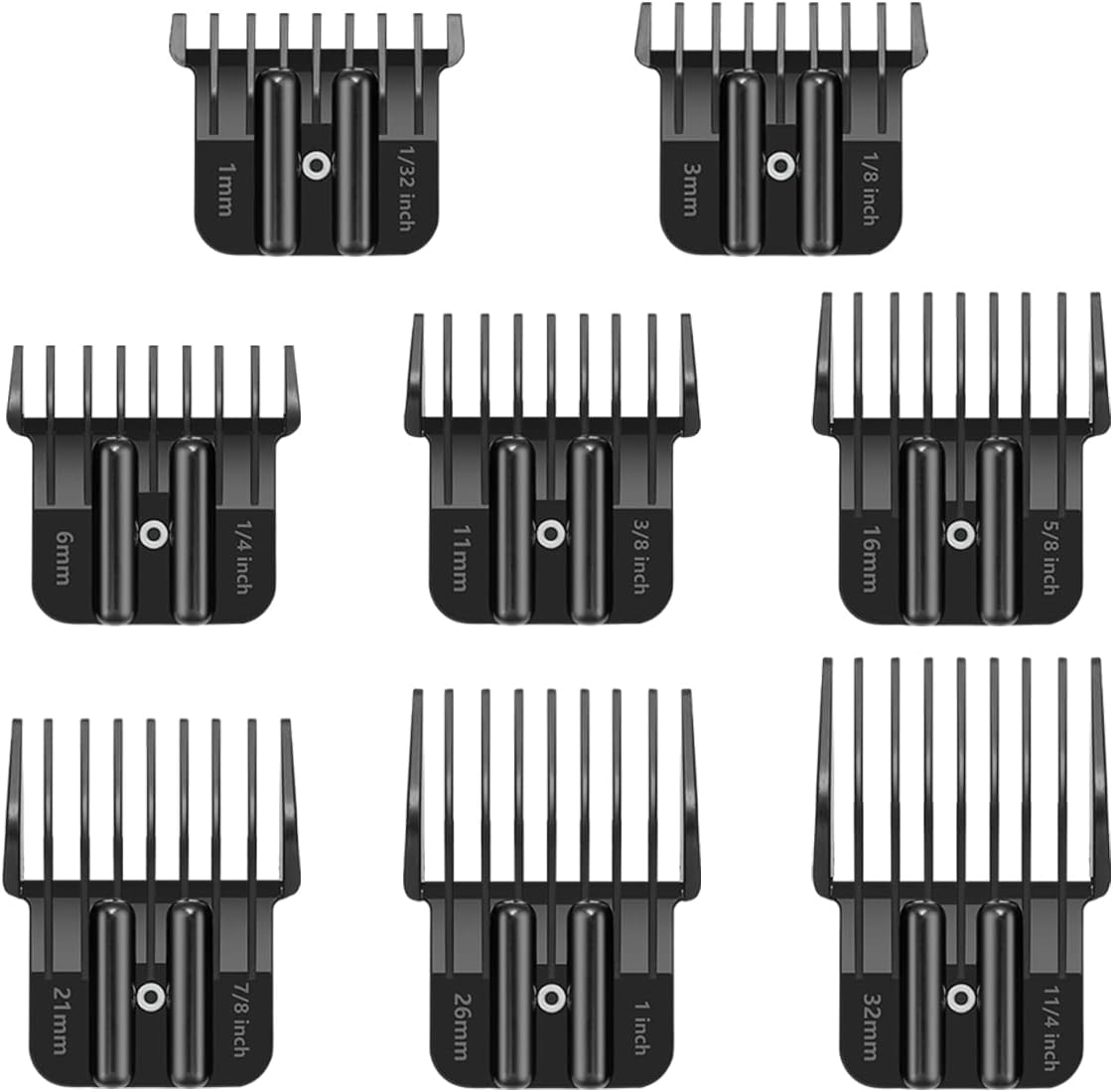 Amorka premium trimmer guards eight piece set front view showing metal spring clips on black attachment combs.