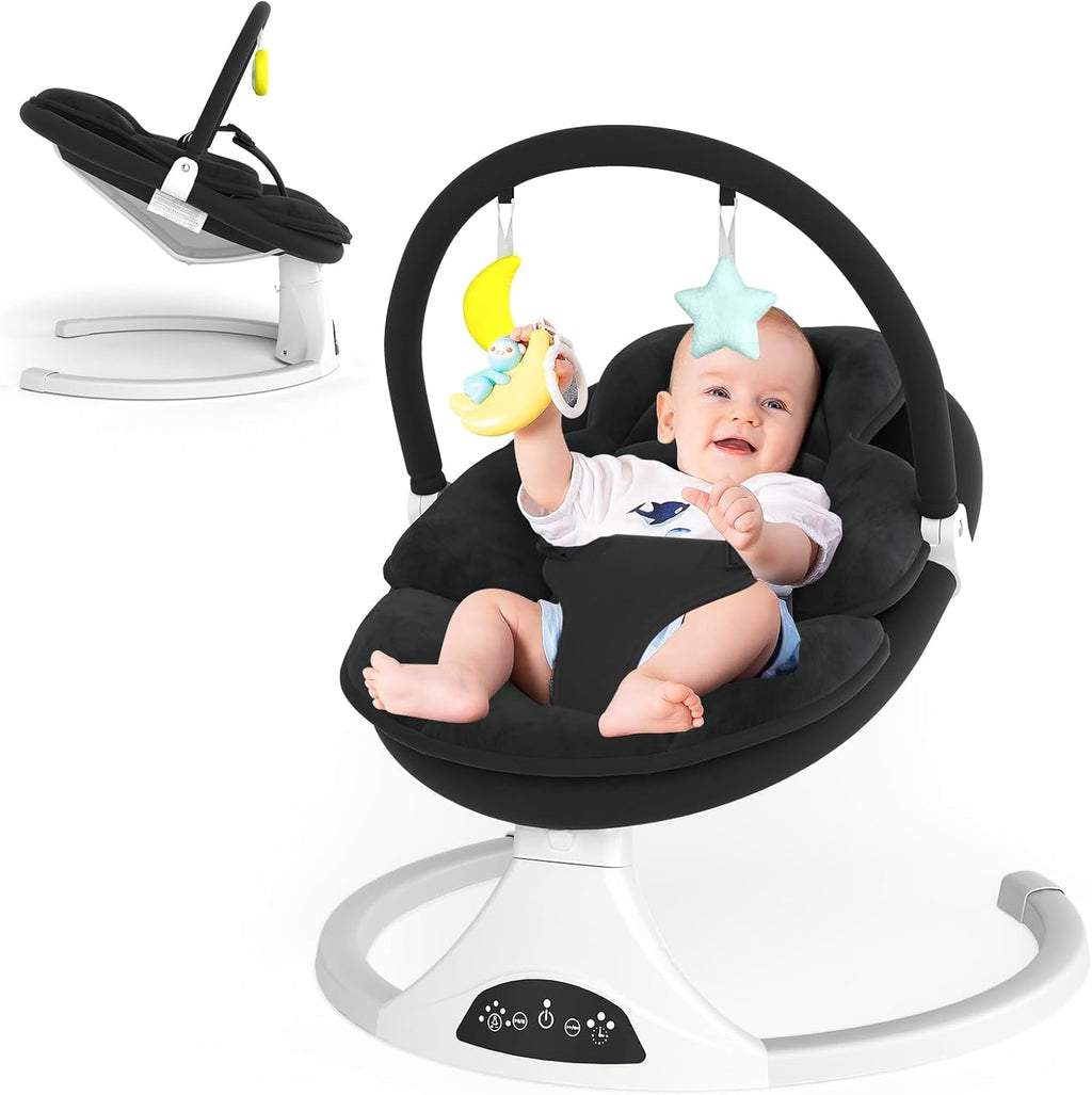 Riviplou electric baby swing front view showing black frame and toy arch