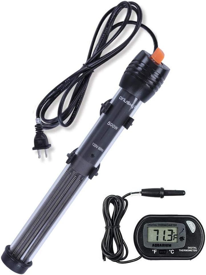 Orlushy submersible aquarium heater front view showing temperature knob