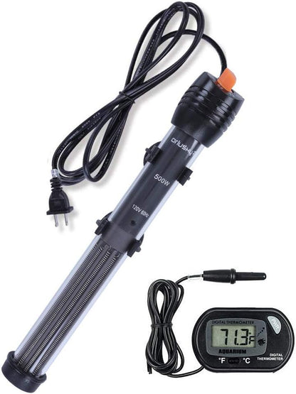 Orlushy submersible aquarium heater front view showing temperature knob