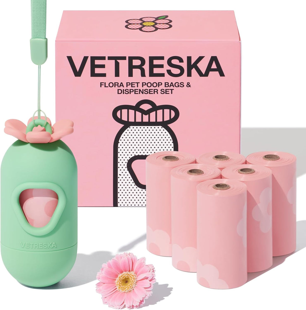 VETRESKA flower poop bag dispenser pink front view on leash