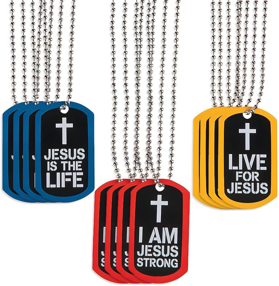 Fun Express Jesus Strong Dog Tag Necklace front view showcasing red religious pendant with white cross