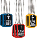Fun Express Jesus Strong Dog Tag Necklace front view showcasing red religious pendant with white cross
