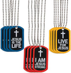 Fun Express Jesus Strong Dog Tag Necklace front view showcasing red religious pendant with white cross