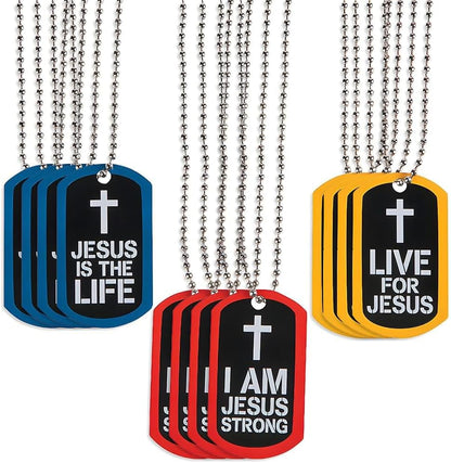Fun Express Jesus Strong Dog Tag Necklace front view showcasing red religious pendant with white cross