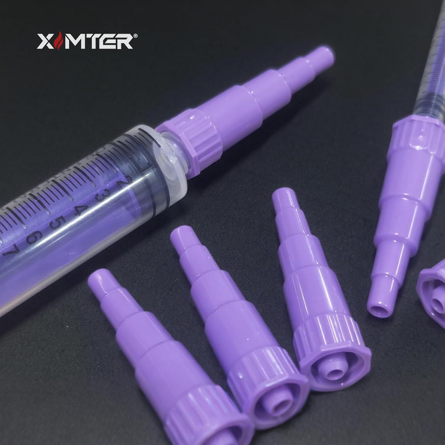 Close up view of the secure twist lock connection end of the Ximter medical syringe adapter.