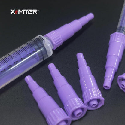 Close up view of the secure twist lock connection end of the Ximter medical syringe adapter.