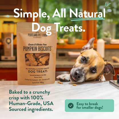 All natural human grade pumpkin dog cookies displayed on a plain surface.