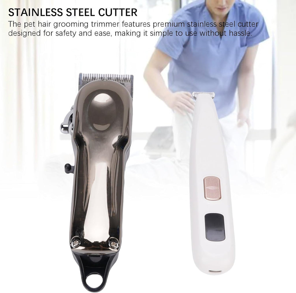 Close-up of cordless animal clippers showing the adjustable stainless steel blade and taper lever settings