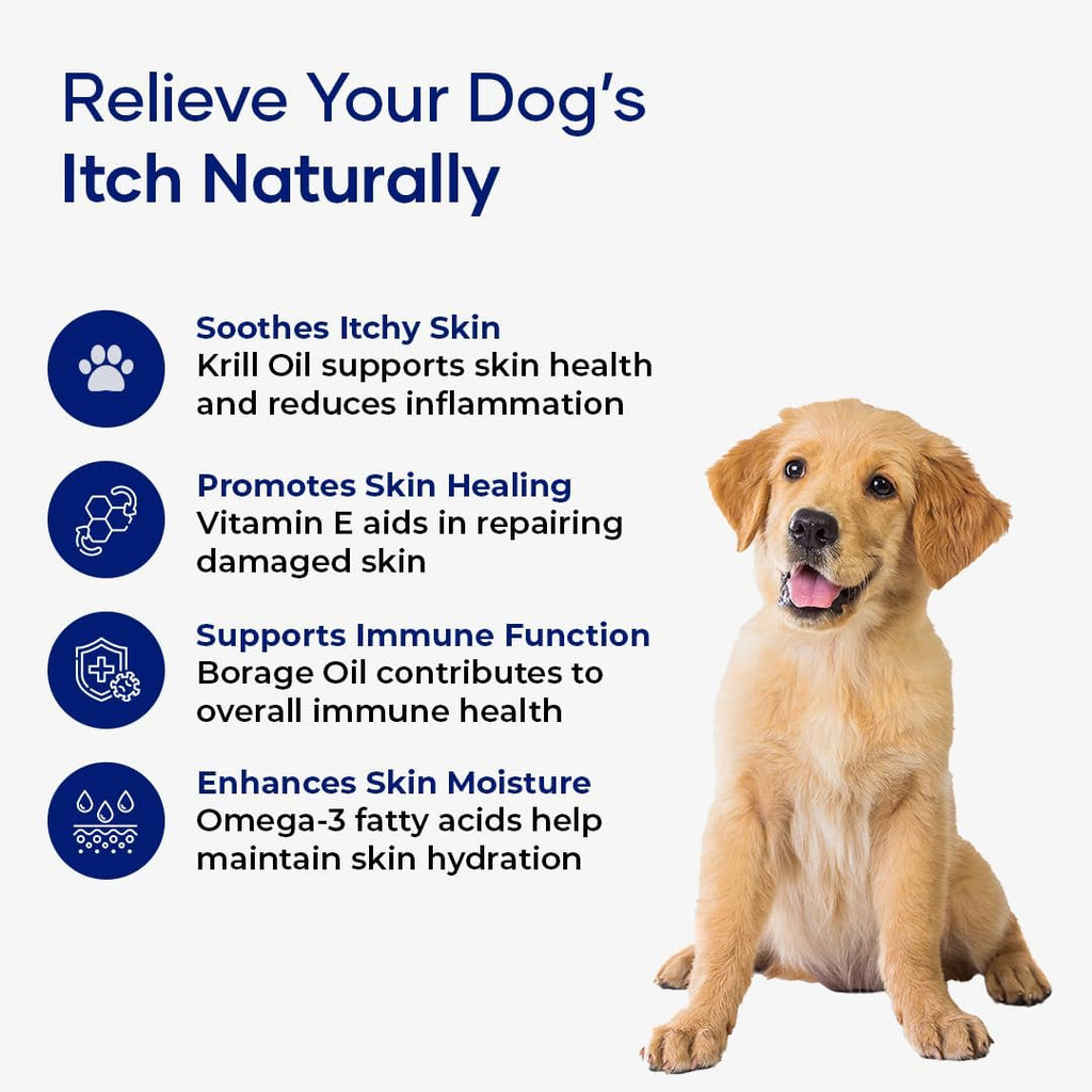 Soft chew pet vitamins designed to stop paw licking and head shaking in uncomfortable dogs.