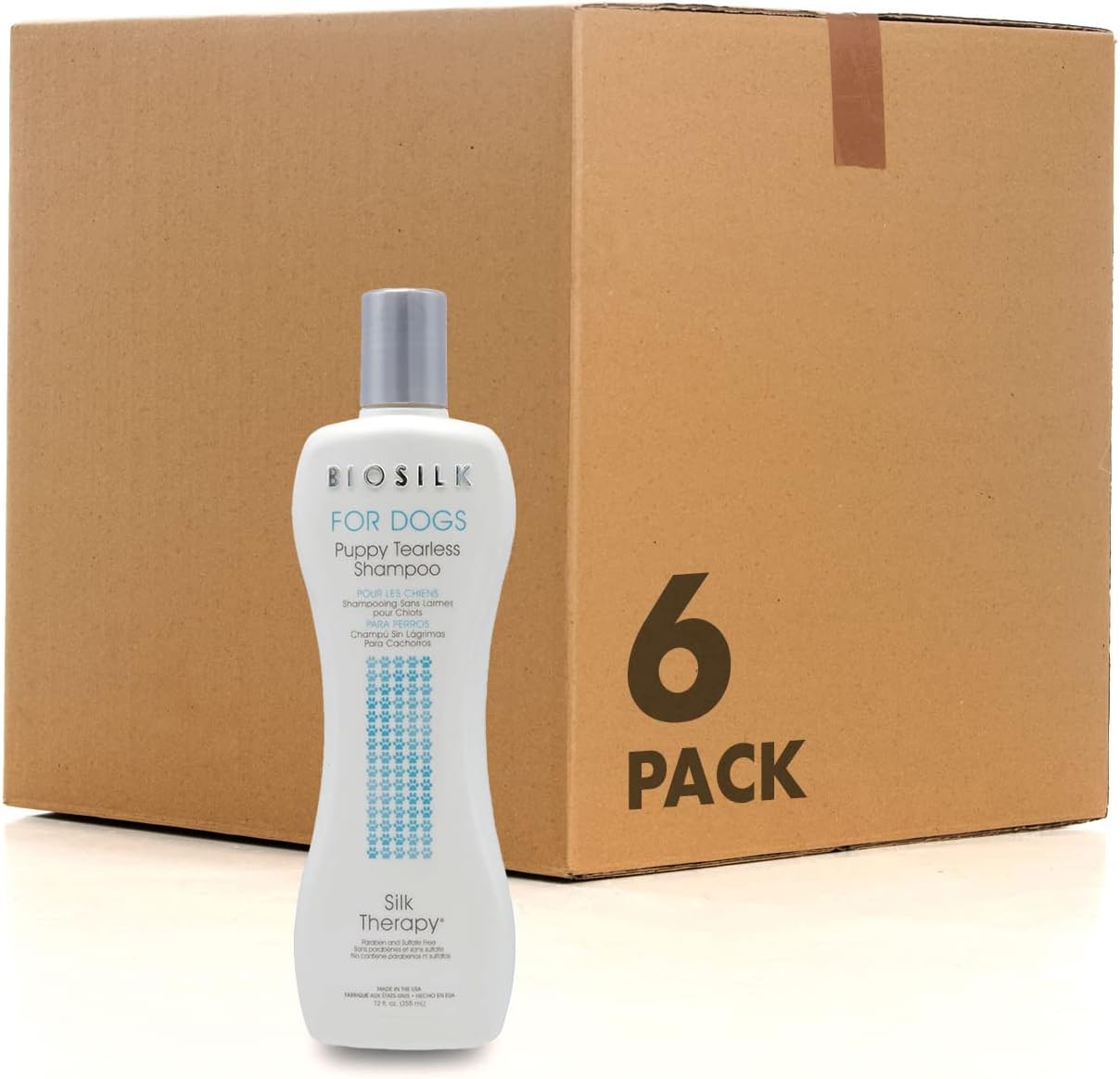 Authentic USA imported BioSilk dog shampoo bottle in studio lighting