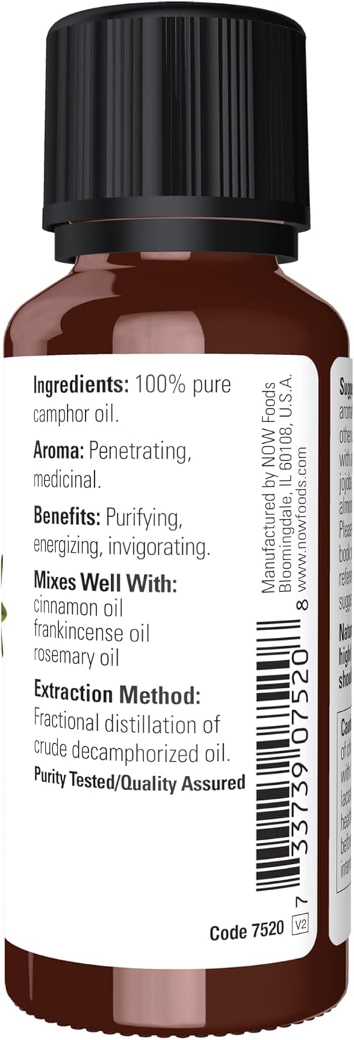 NOW Foods Camphor 100 percent pure essential oil packaging showing ingredient facts