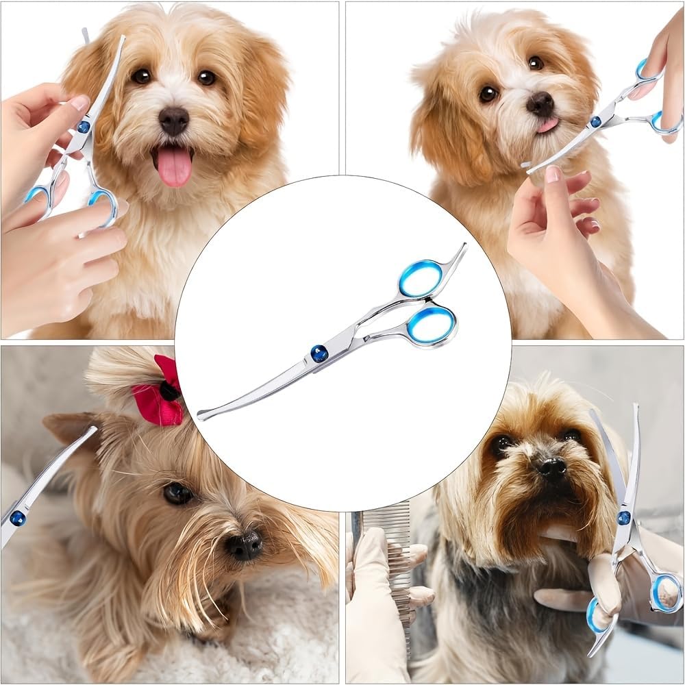 Merkloos 6.7 inch curved pet trimmer overhead view on a neutral background.