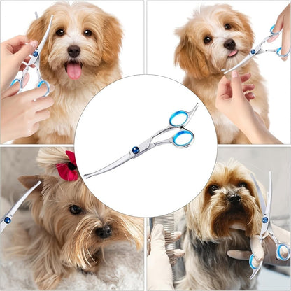 Merkloos 6.7 inch curved pet trimmer overhead view on a neutral background.