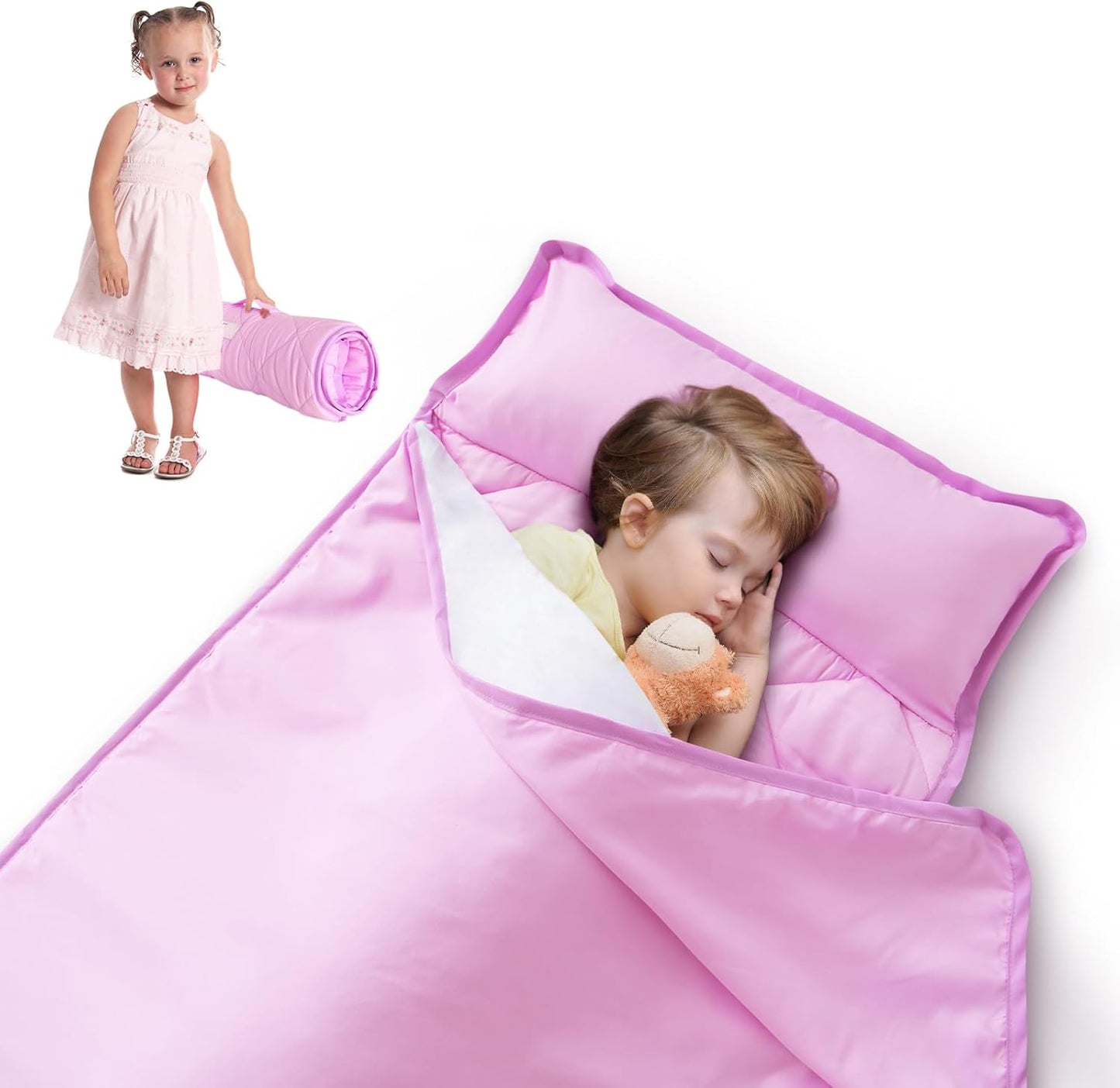 Magik & Kover toddler nap mat front view unrolled in violet color showing attached blanket