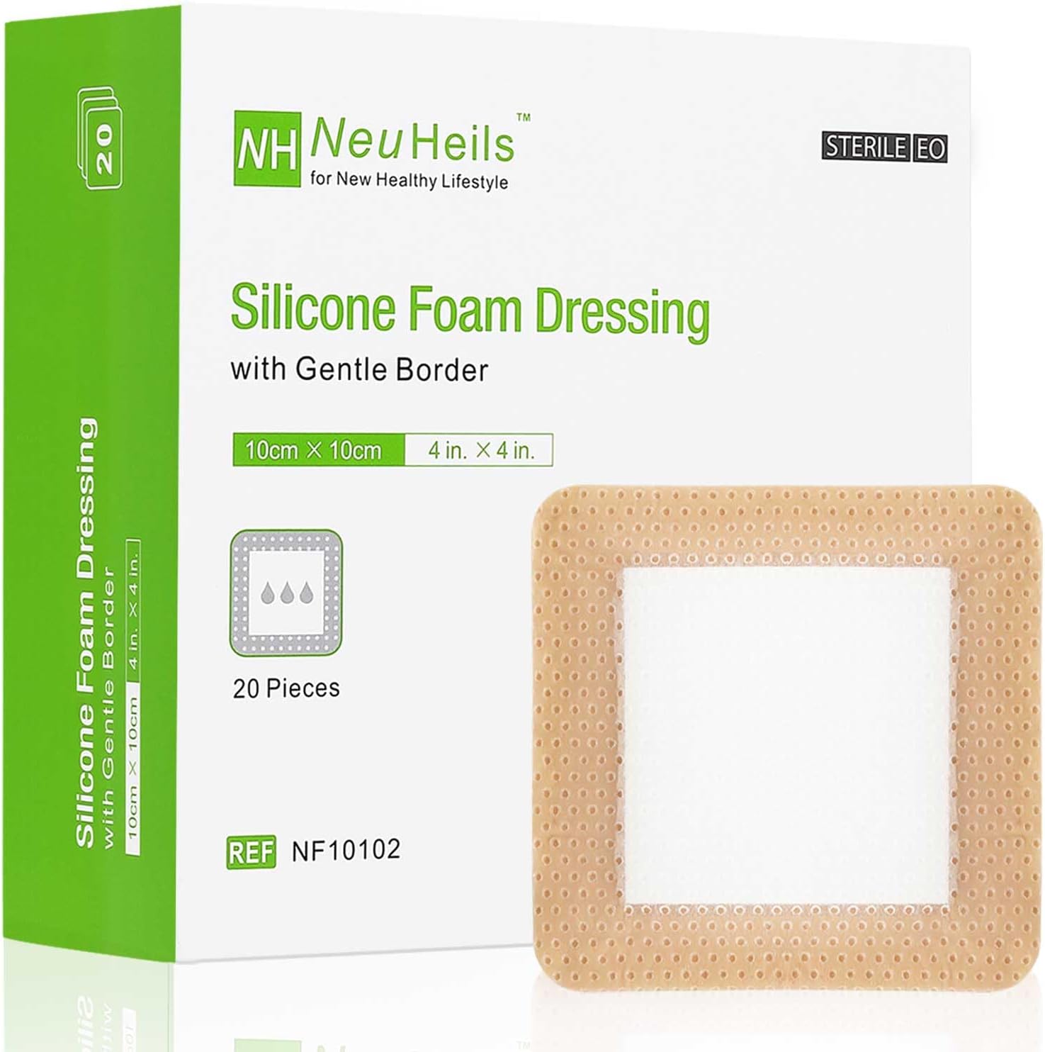 NeuHeils silicone foam dressing four by four inch pack front view showing retail packaging
