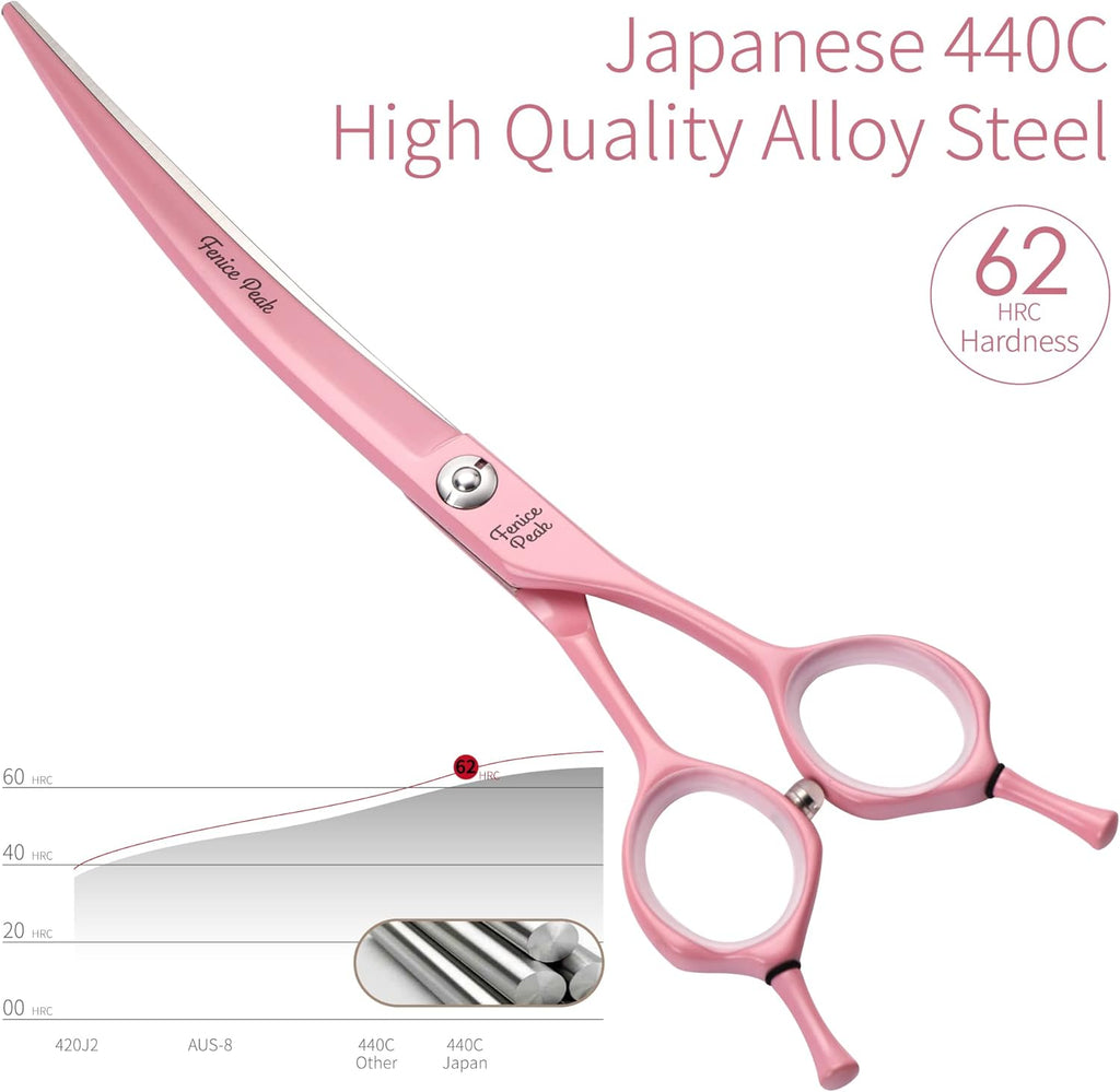 Ergonomic handle of Fenice Peak pink grooming scissors with built in silencer