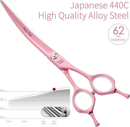Ergonomic handle of Fenice Peak pink grooming scissors with built in silencer