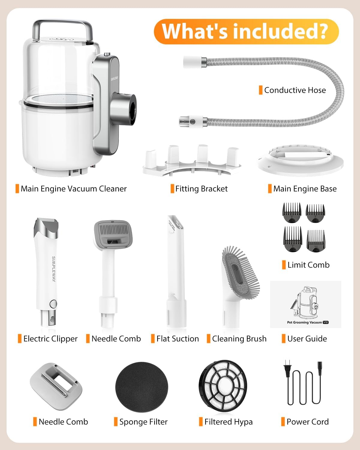 Professional 6 in 1 pet hair clipper and vacuum grooming set neatly arranged