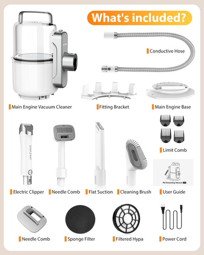 Professional 6 in 1 pet hair clipper and vacuum grooming set neatly arranged