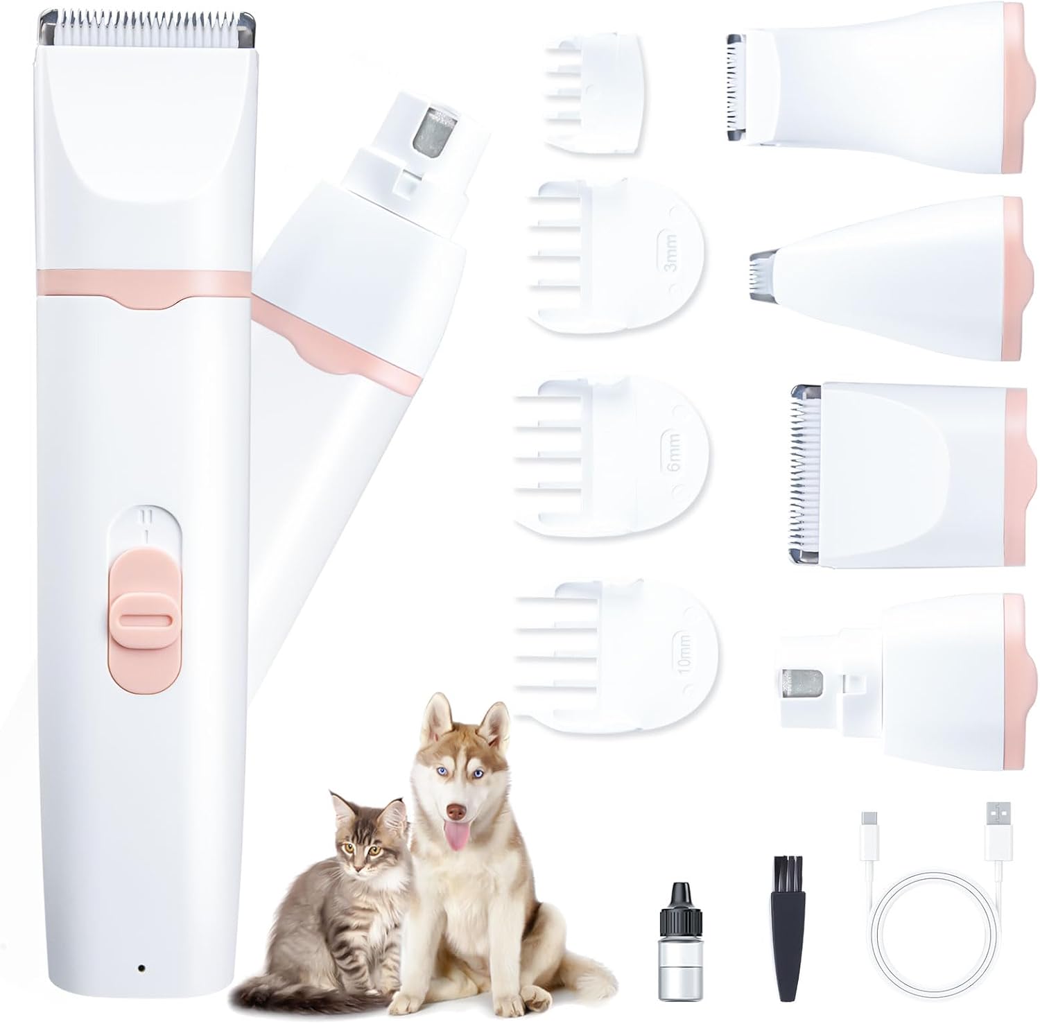 KIKETECH quiet dog grooming clippers front view showing the pink rose and white cordless pet trimmer body