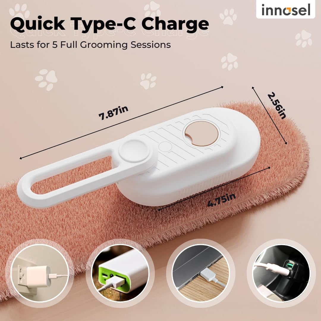 Innosel de-shedding pet brush box packaging with USB charging accessories included