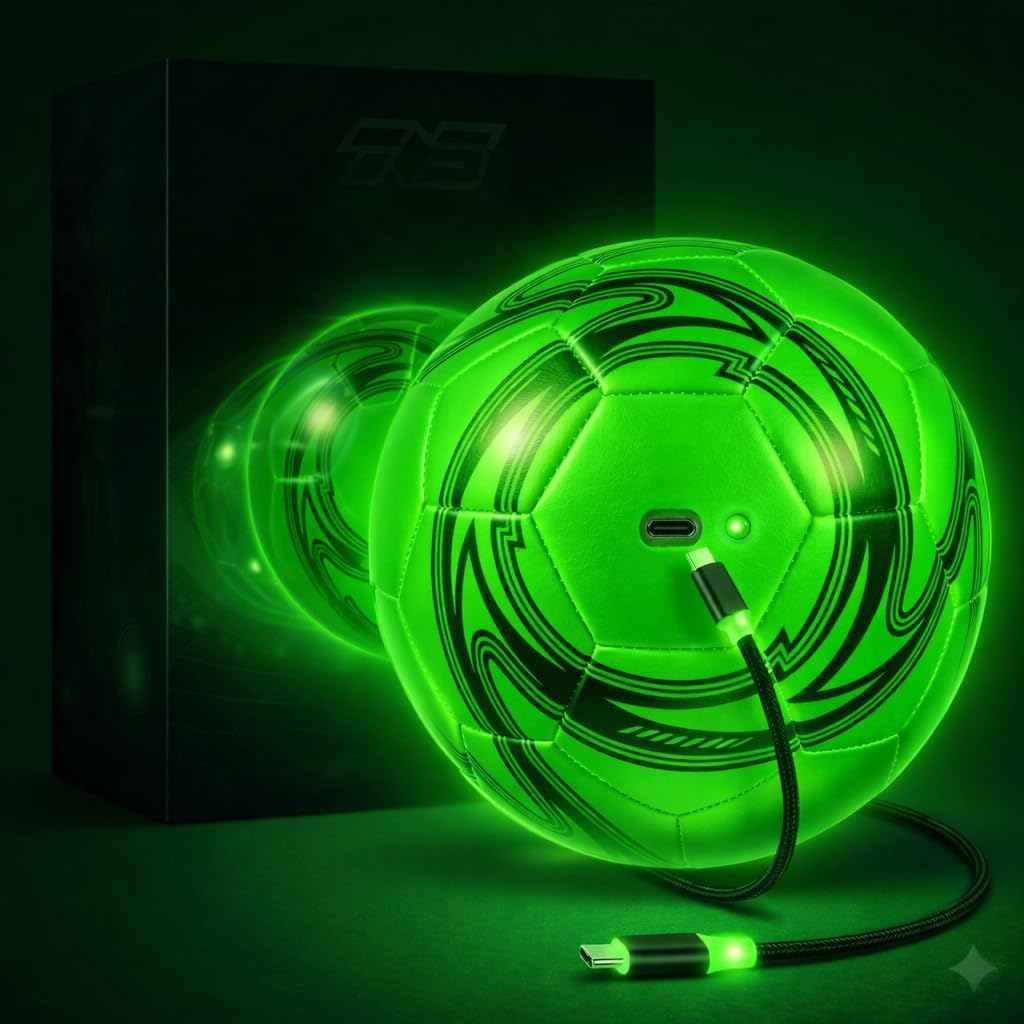 Radiant Sports Rechargeable LED Soccer Ball front view glowing bright green in the dark