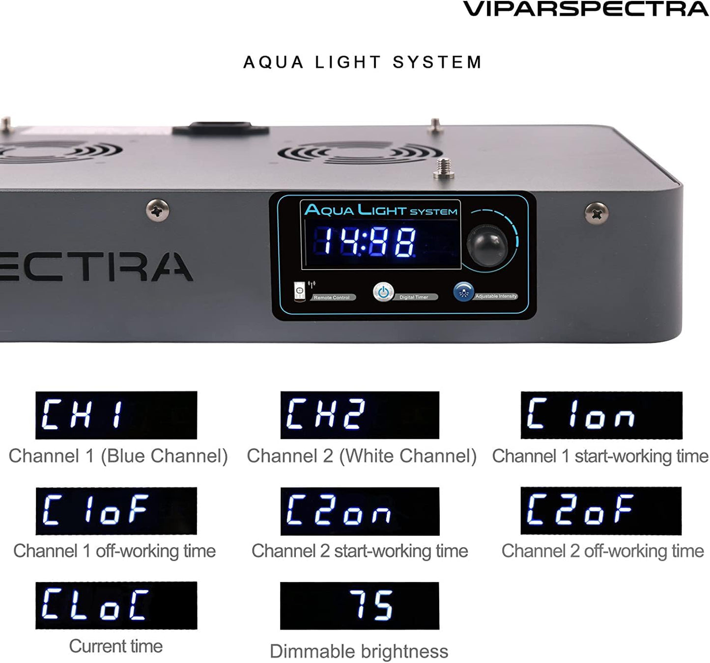 Side profile of Viparspectra LED light showing cooling fan and aluminum housing