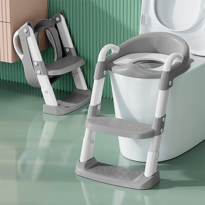 Bonbay potty training toilet seat front view featuring the blue step stool ladder and soft cushion cushion on a western toilet.
