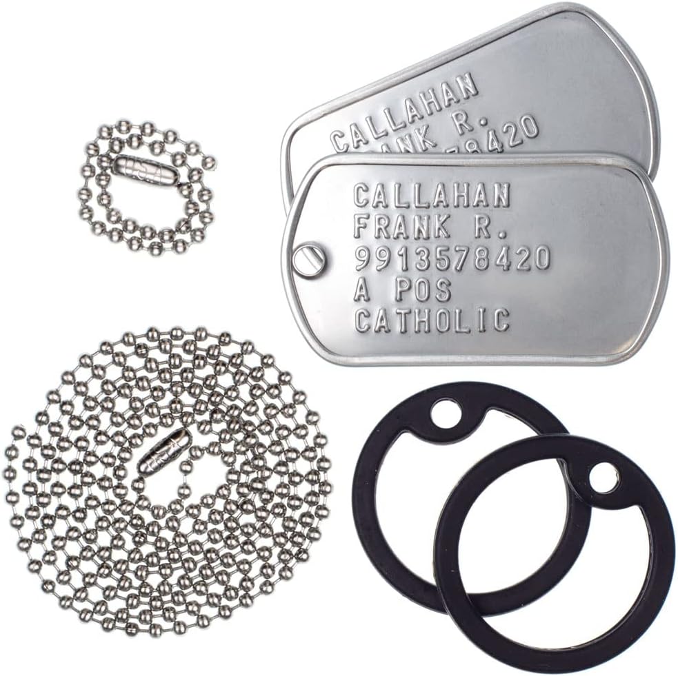 Custom military identification tags with long and short stainless steel ball chains.