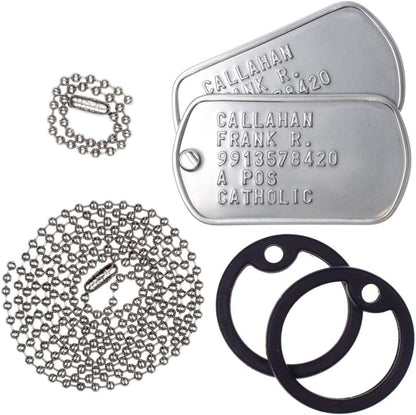 Custom military identification tags with long and short stainless steel ball chains.