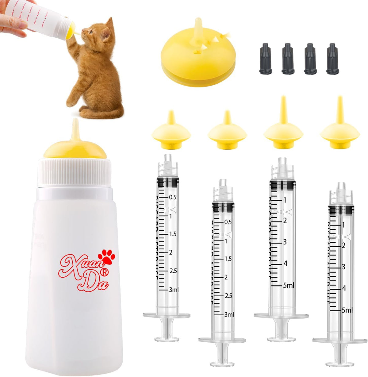 Kitten Bottle Feeding kit with Feeding Nipple and Syringe, Soft Silicone Nursing Pet Feeding Bottle, Ventilation Valve Resistant Tearing for Small Puppies, Kittens, Rabbit (M Nipple-Yellow) - Image 11