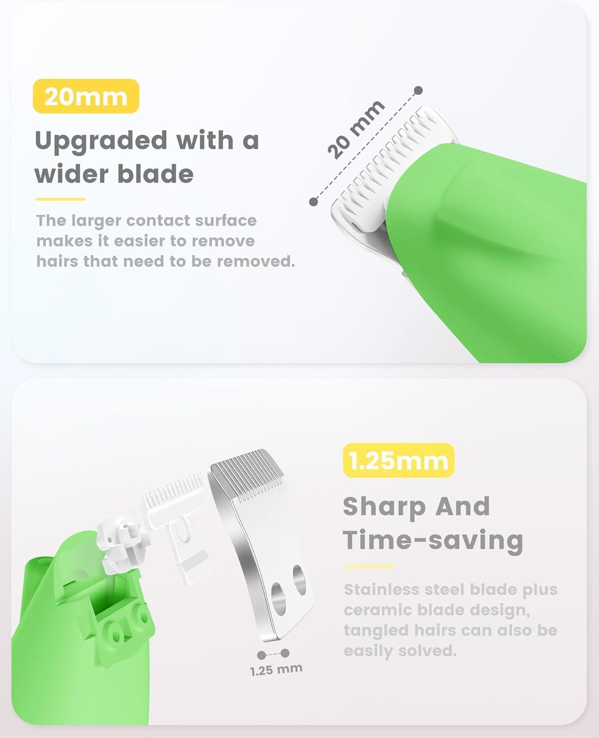 PAPMINI pet paw trimmer close up focusing on the 20mm ceramic blade and illuminated built in LED light.