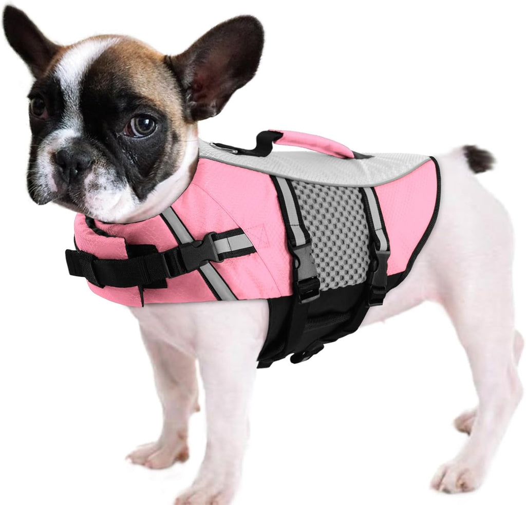 Premium ripstop pink dog life saver jacket top view handle