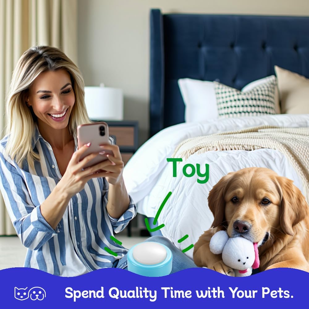 Small cat pressing a blue recordable talking button for pet training.