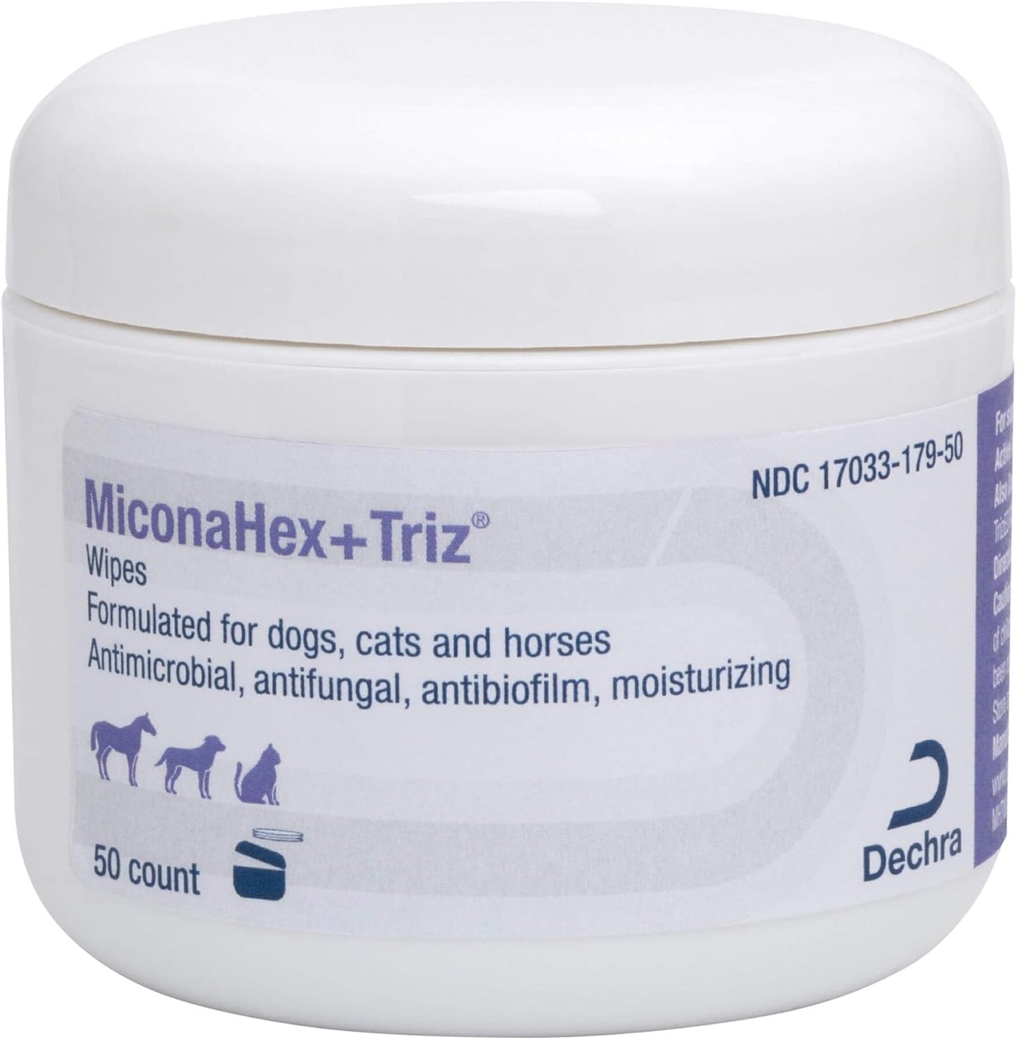 MiconaHex+Triz Medicated Pet Wipes 50 count jar front view for dog skin infection treatment