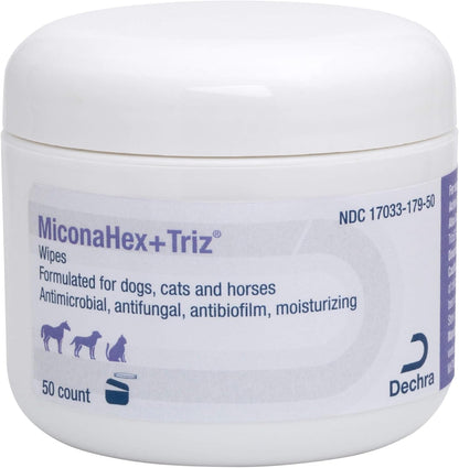 MiconaHex+Triz Medicated Pet Wipes 50 count jar front view for dog skin infection treatment